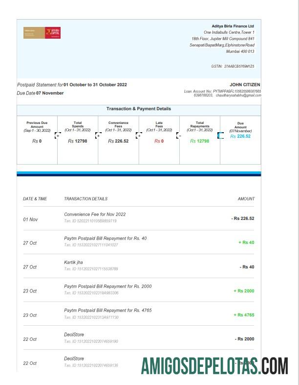 Modelo de extrato bancário realista da Índia Aditya Birla Finance Ltd, formato Word e PDF, 3 páginas
